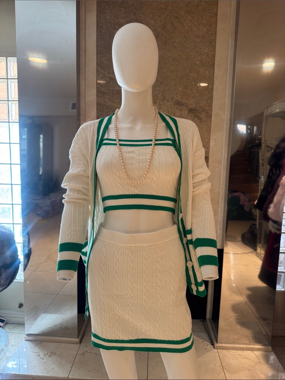 Freshman 1996 Tenniscore Knit 3 Piece Cardigan Crop Tank Skirt Set